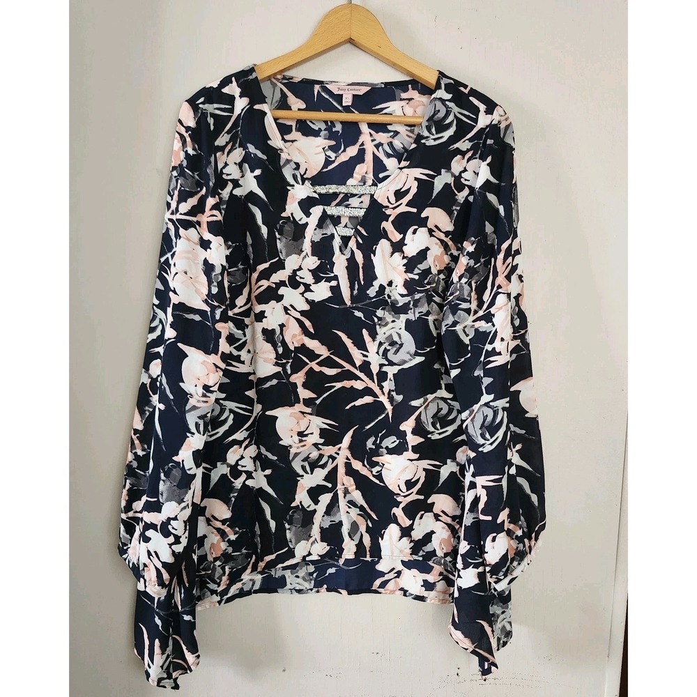 Juicy Couture Womens 1X Black Floral Faux Diamond Chip Chest Accent Tunic Top